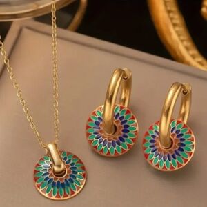 Stainless Steel 18K Gold Plated Jewelry Set. Necklace And Earrings. Brand New.